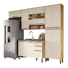 Cozinha Modulada 4 Peças 11 Portas 2 Gavetas c/ Vidro s/ Tampo Napoli Móveis Rio Doce Amêndoa/Off White