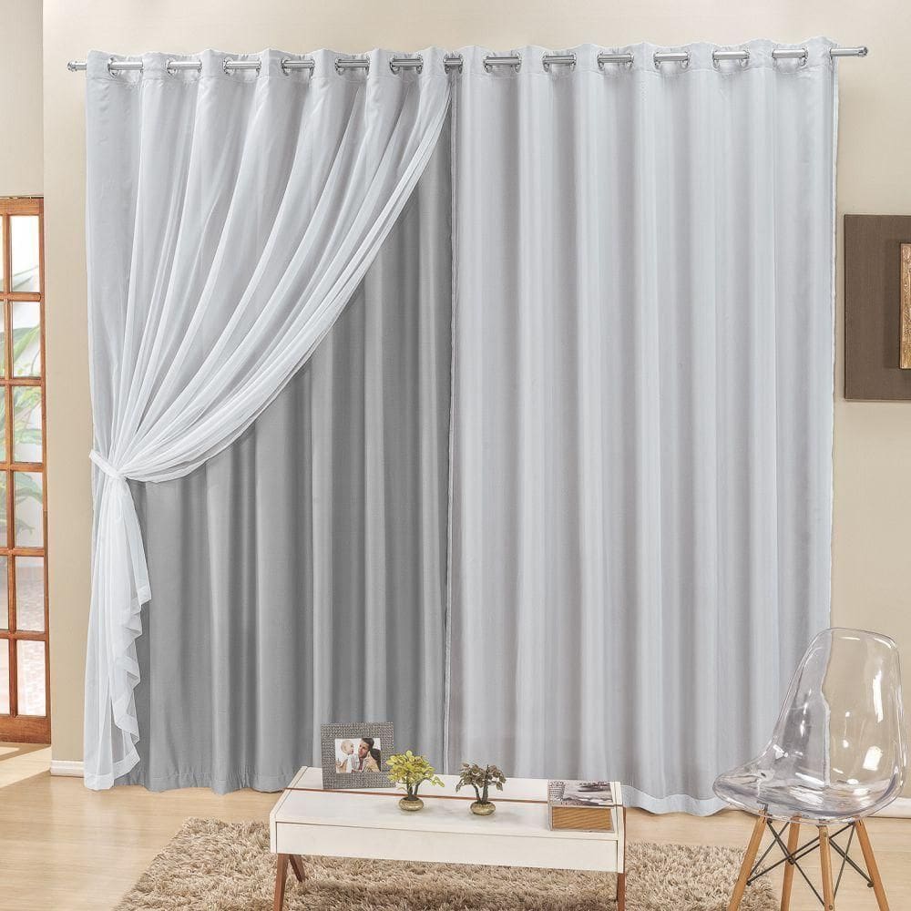 Cortina 3 Mts Sala Quarto Voal E Semiblackout Para Trilho Comum Cinza