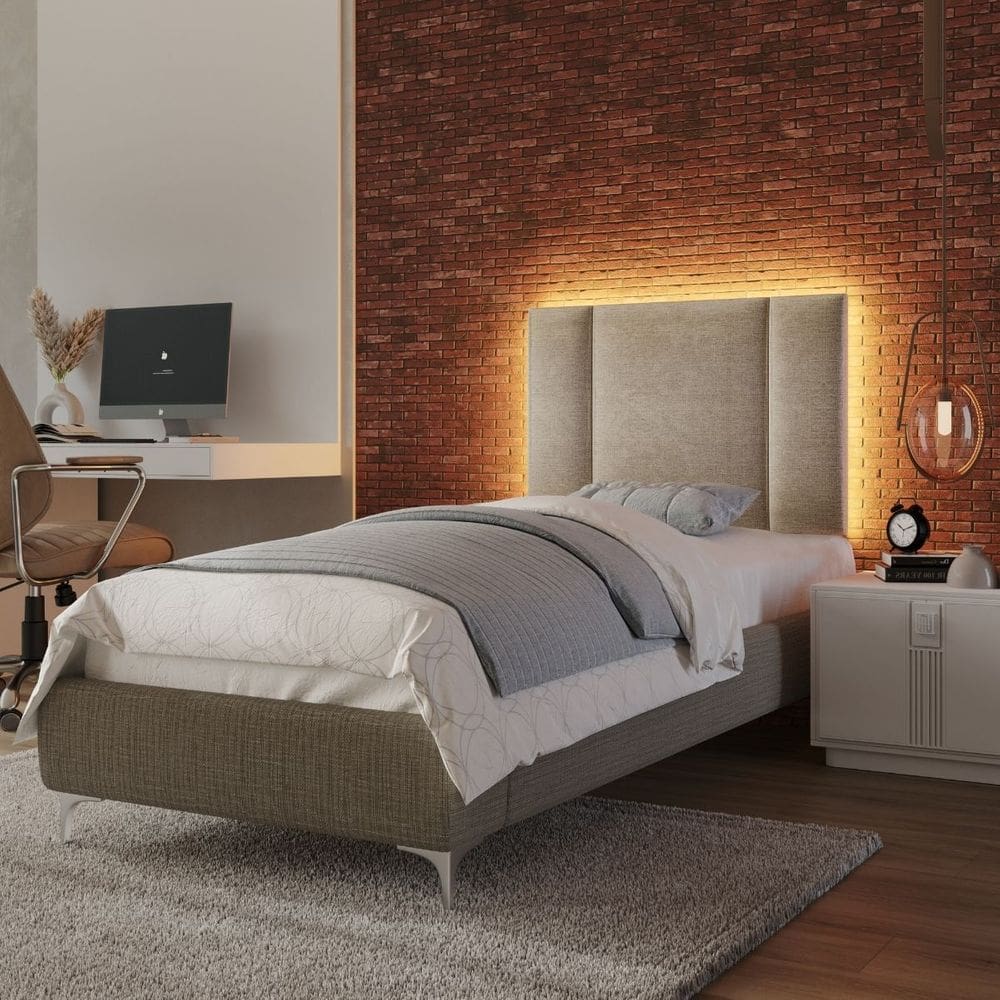 Cabeceira Estofada Cama Box Solteiro com LED Moderna 90 cm