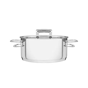 Caçarola Brava Rasa Em Aço Inox Fundo Triplo Com Tampa Plana E Alças 24 Cm 4,8 L