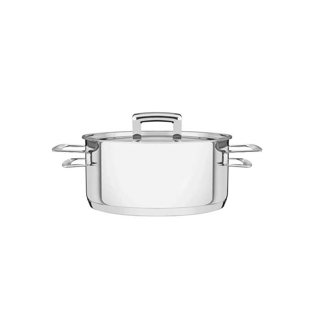 Caçarola Brava Rasa Em Aço Inox Fundo Triplo Com Tampa Plana E Alças 20 Cm 2,9 L