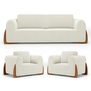 Kit 02 Poltronas E 01 Sofá Bloom 160cm 02 Lugares Com Pés De Madeira Bouclê Off White - Desk Design