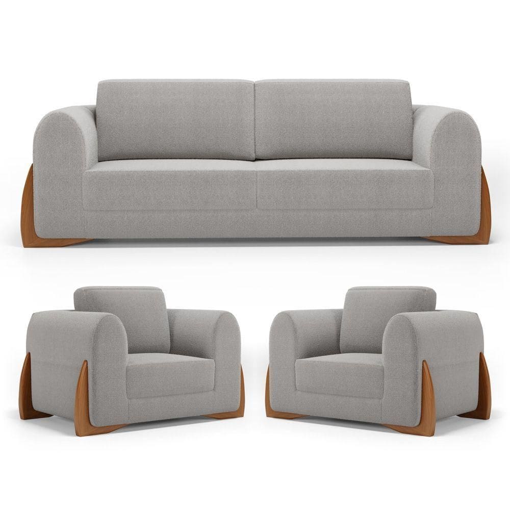 Kit 02 Poltronas E 01 Sofá Bloom 160cm 02 Lugares Com Pés De Madeira Bouclê Cinza - Desk Design