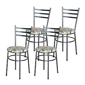 Conjunto 4 Cadeiras Para Cozinha Epoxi Preta Craqueada Assento Floral Orquídea