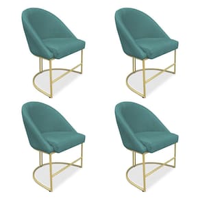 Kit 04 Cadeiras Poltrona De Jantar Bela Suede Base Metálica Industrial Dourado - Pallazio Azul Turquesa