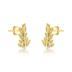 Brinco Folha Cravejada Com Zirconias Cristais Banhado A Ouro 18k