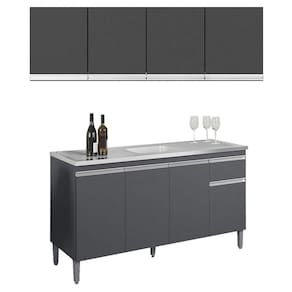 Balcão de Pia Tatiane 145 cm e Armário Aéreo Andréia 4 Portas 160 cm Cinza Fosco - AJL