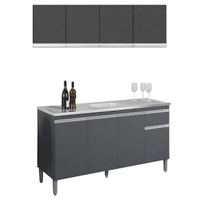 Balcão de Pia Tatiane 145 cm e Armário Aéreo Andréia 4 Portas 150 cm Cinza Fosco - AJL