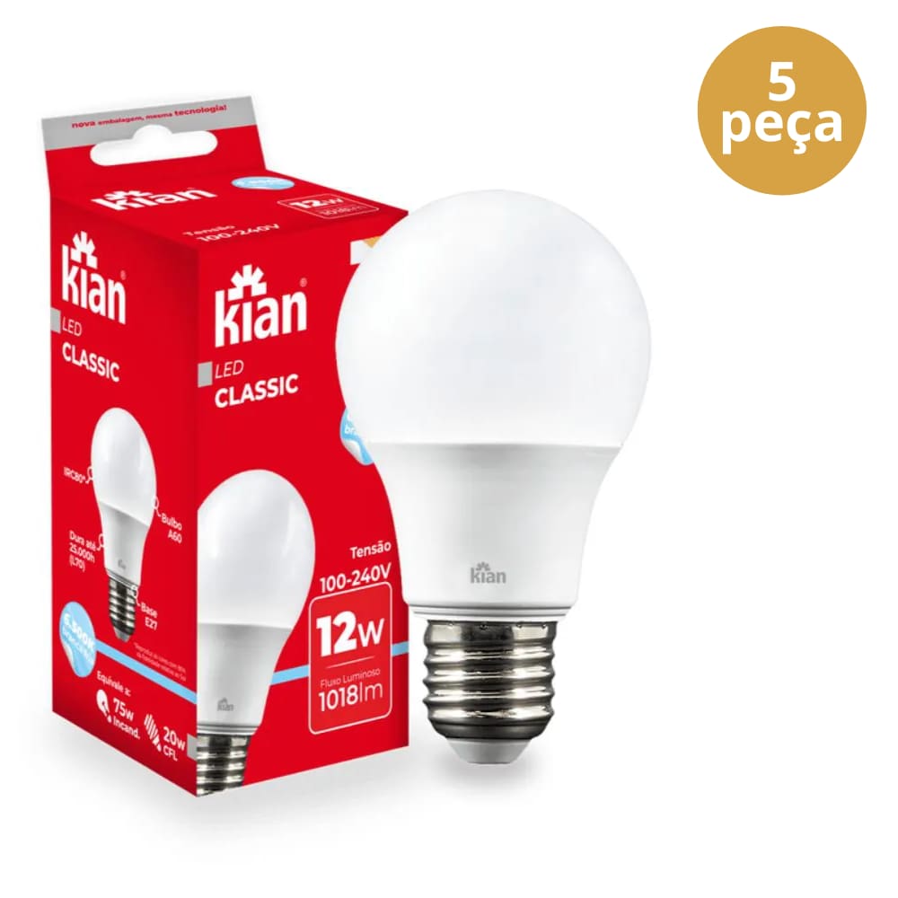 5 Lâmpada 12W Led 6.500k Bivolt E27 Kian