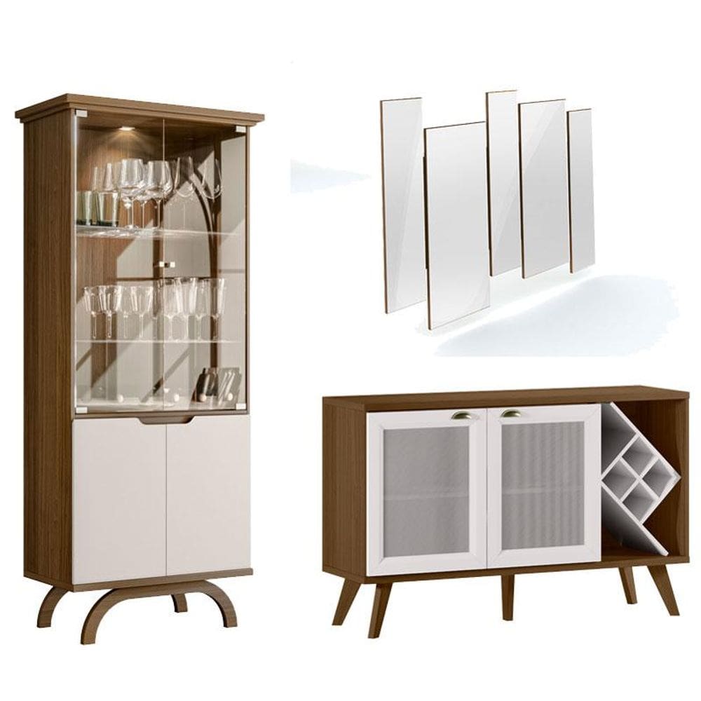 Cristaleira Vicenza com Aparador Buffet Isis 2 Portas e Espelho Isadora Imbuia Off White – New Ceval