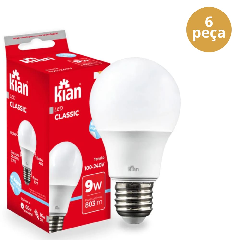 6 Lâmpada 9W Led 6.500k Bivolt E27 Kian