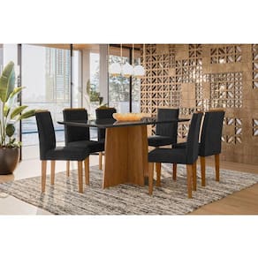 Mesa de Jantar Ambiente Anitta 160x90 cm com Vidro Ype Preto e 6 Cadeiras Ana Ype Veludo Preto – New Ceval