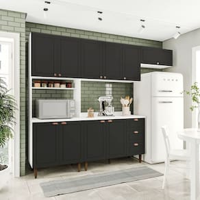 Cozinha Pérola com Tampo 4 Peças Paneleiro/torre Quente Aéreo 3 Portas Balcão 120 e Basculante Yesca Branco/Preto