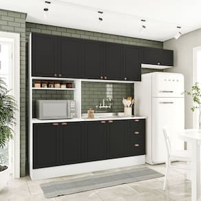 Cozinha Pérola com Rodapé 4 Peças Paneleiro/torre Quente Aéreo 3 Portas Balcão 120 e Basculante Yesc Branco/Preto