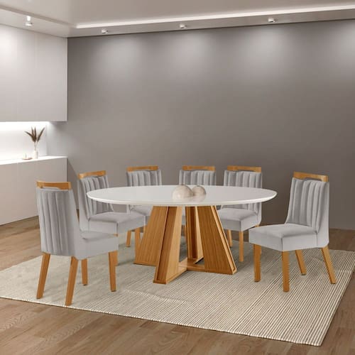imagem-Sala de Jantar Redonda com 6 Cadeiras 1,35m - Madri - LJ Móveis - Off White