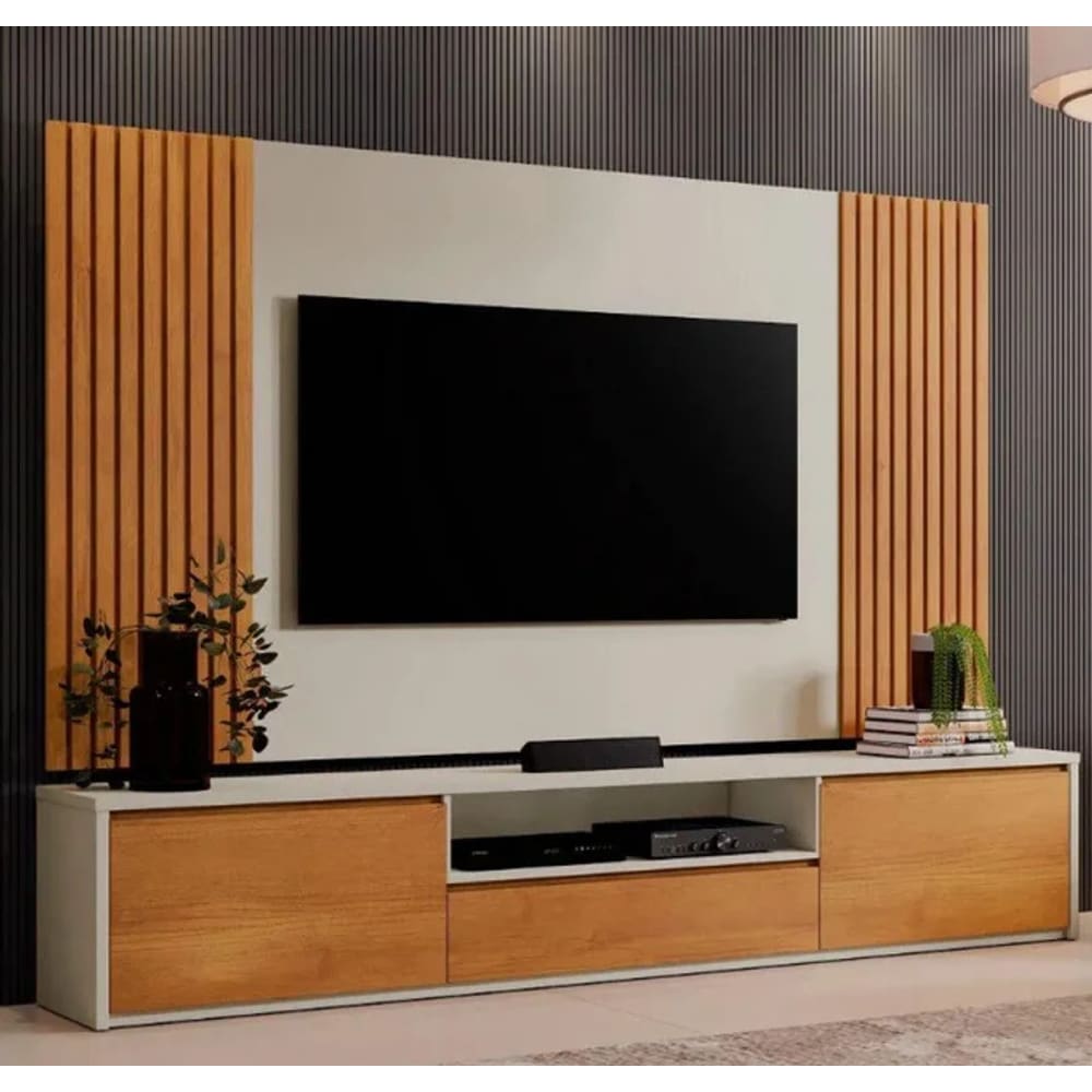 Painel Com Rack Vertex Para TV 65 Pol. Naturalle/Off White - Mavaular Móveis
