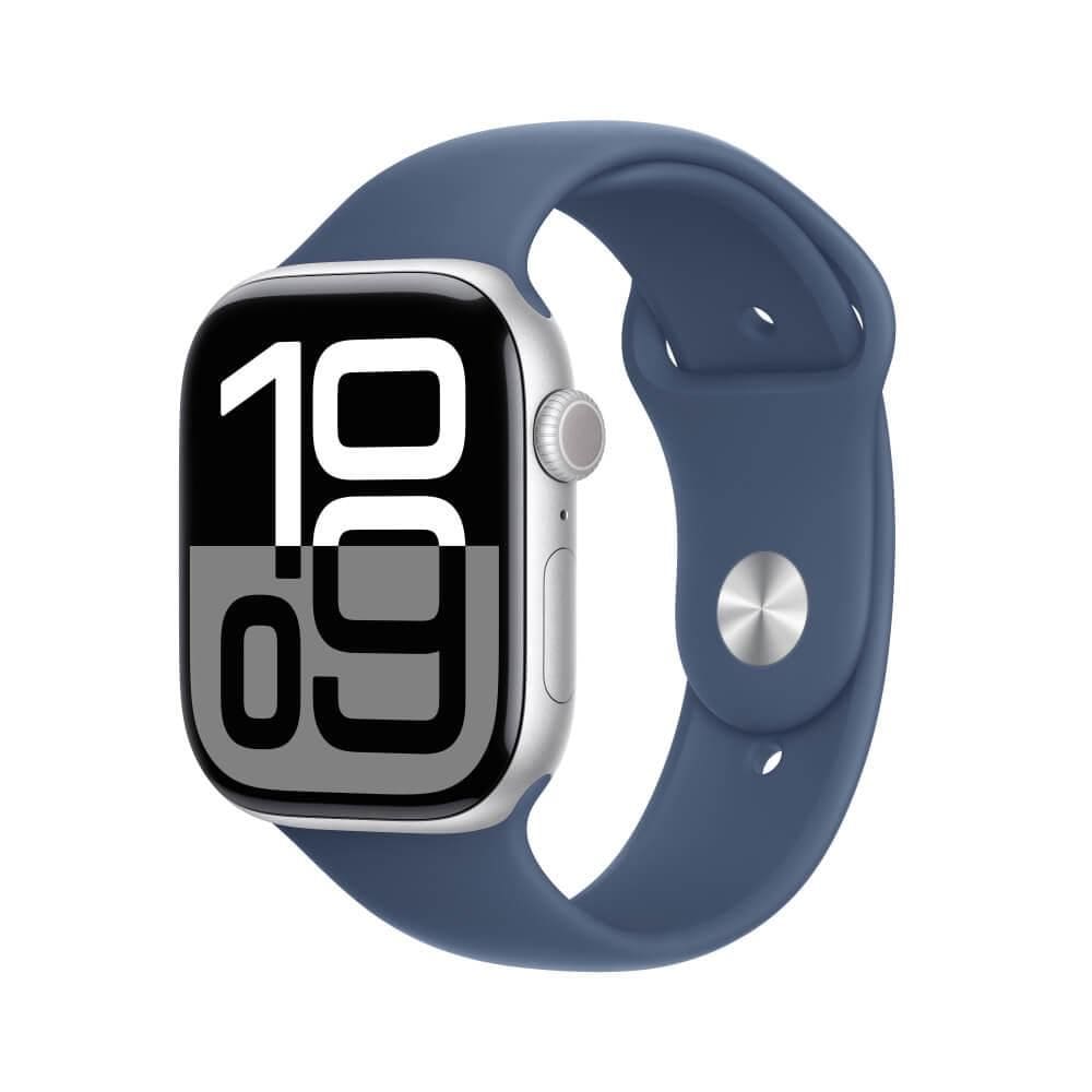 Apple Watch Series 10 GPS + Cellular • Caixa prateada de alumínio – 46 mm • Pulseira esportiva denim – M/G
