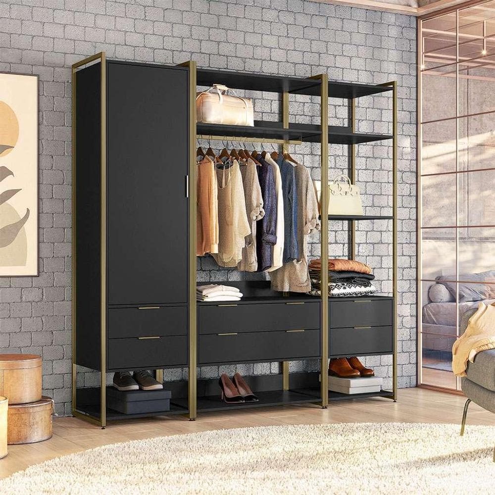 Guarda-Roupa Closet Industrial Mital 1 PT 6 GV Preto e Dourado