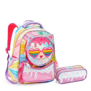 Kit Mochila e Estojo Infantil Escolar Gatinha Holográfica