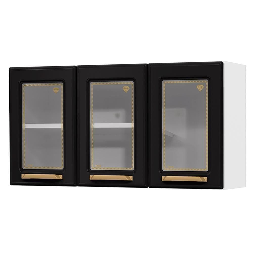 Armário De Cozinha Aço Aéreo Triplo C/ Vidro Telasul Diamante Bco/preto