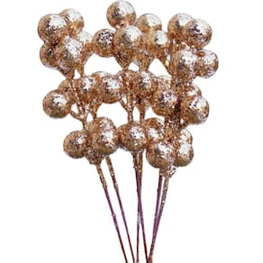 Kit 96 Frutas Galhos Artificiais Glitter Dourado Natal 18cm