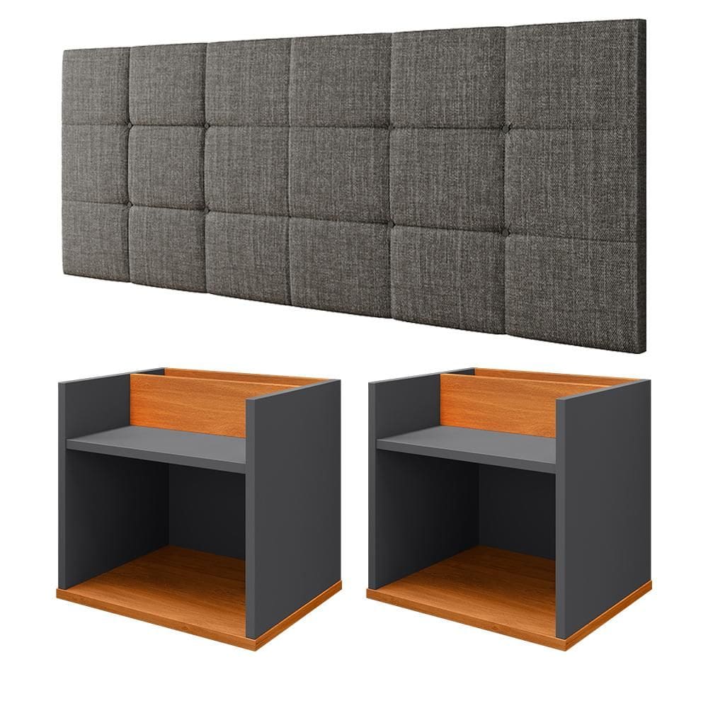 Kit 2 Mesinhas Suspensa Madri Nicho Divisória Retrô Cabeceira Bia 1,40 Estofado Linho Cama Box Casal Quarto - Cinza/Cinamomo