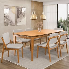 Conjunto Sala de Jantar Madeira Maciça - Mesa 1,60 Laminada 6 Cadeiras Assento e Encosto Estofado Freijó