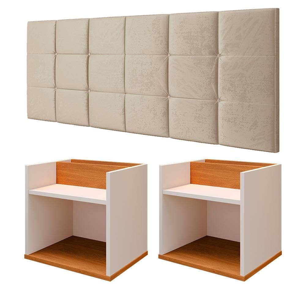 Kit 2 Mesinhas Suspensa Madri Off/Cinamomo Nicho Divisória Retrô Cabeceira Bia 1,40 Estofado Suede Areia Cama Box Casal Quarto