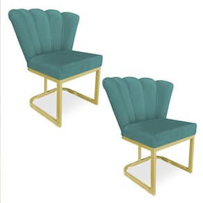 Kit 02 Poltronas Flor Veludo Azul Turquesa Base Metálica Industrial Dourado - Pallazio