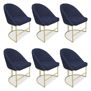 Kit 06 Cadeiras Poltrona De Jantar Bela Suede Azul Marinho Base Metálica Industrial Dourado