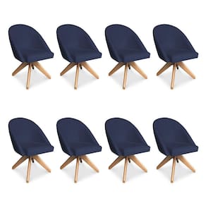 Kit 08 Poltronas Cadeira Giratória Bela Suede Azul Marinho Base De Madeira - Pallazio
