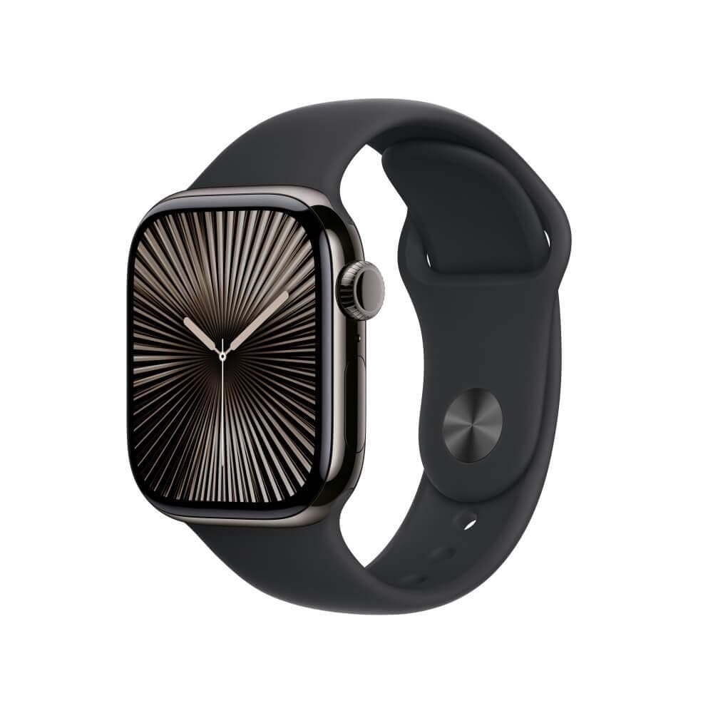 Apple Watch Series 10 GPS + Cellular • Caixa ardósia de titânio – 42 mm • Pulseira esportiva preta – P/M