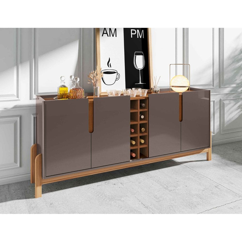 Aparador Buffet Sala 190cm Liz 4 Portas Com Adega com Pés de Madeira Cinza com Cedro - Rede Móveis