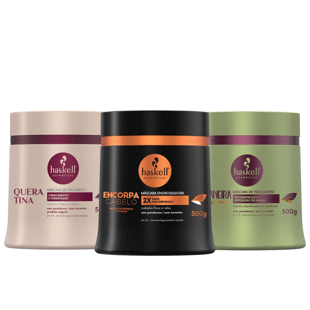 Kit 3 Máscara Haskell Reconstrução Encorpa, Bananeira e Queratina 500g