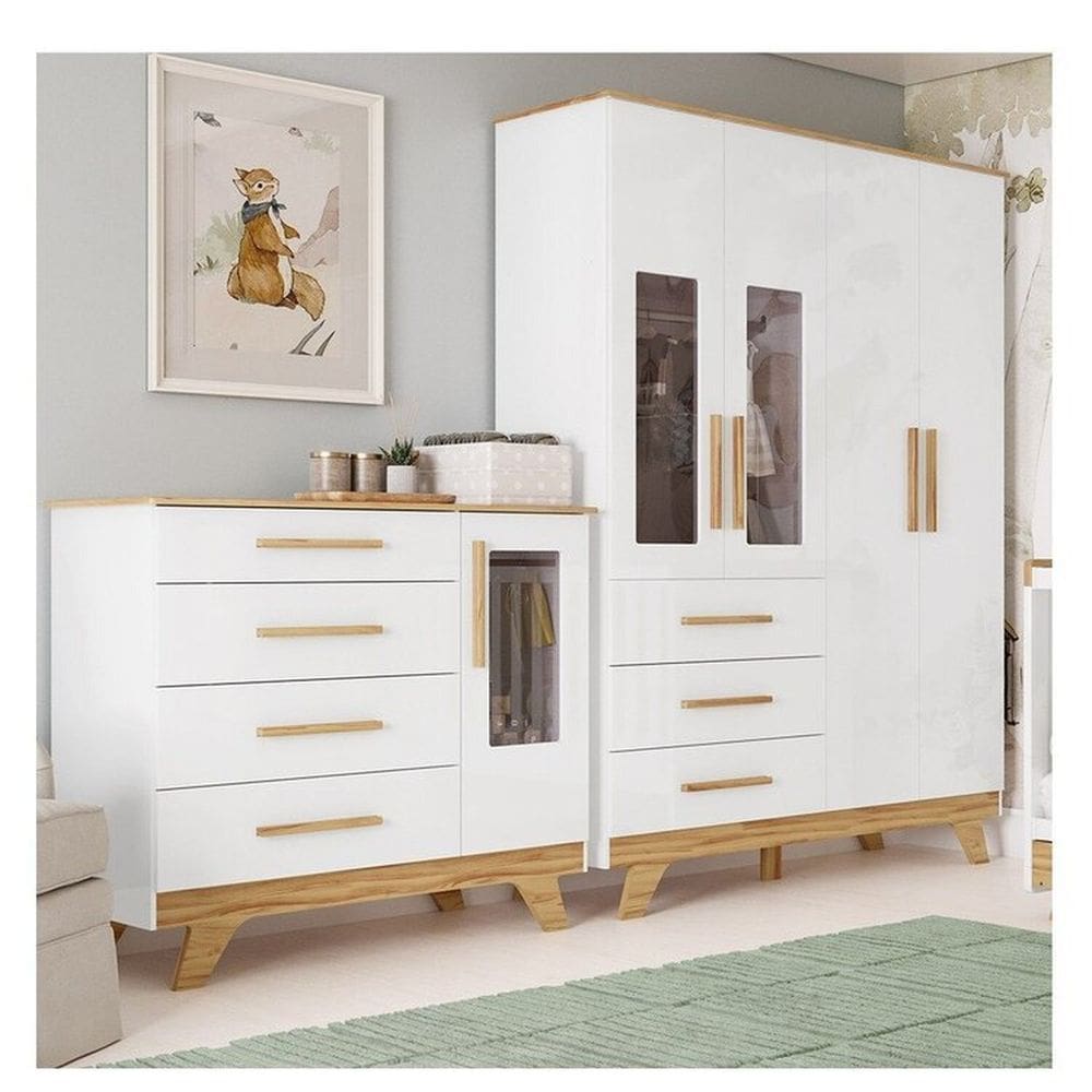 Quarto Infantil com Guarda-roupa e Cômoda com Janelas 100% Mdf Retrô Kakau Espresso Móveis Branco Brilho/Amêndoa