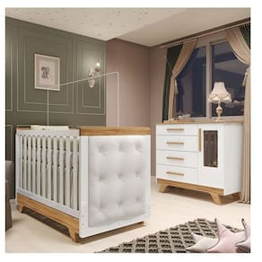 Quarto de Bebê Berço com Capitonê e Cômoda com Janelas 100% Mdf Retrô Kakau Espresso Móveis Branco Brilho/Amêndoa/Branco