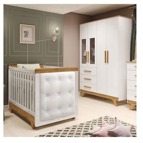 Quarto de Bebê Berço com Capitonê e Guarda-roupa com Janelas 100% Mdf Retrô Kakau Espresso Móveis Branco Brilho/Amêndoa/Branco