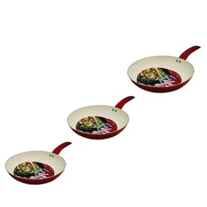 Kit 3 Frigideiras 22cm + 24cm + 26cm com Revestimento em Cerâmica Vermelho (Ideal Para Fritar Alimentos Sem Óleo)
