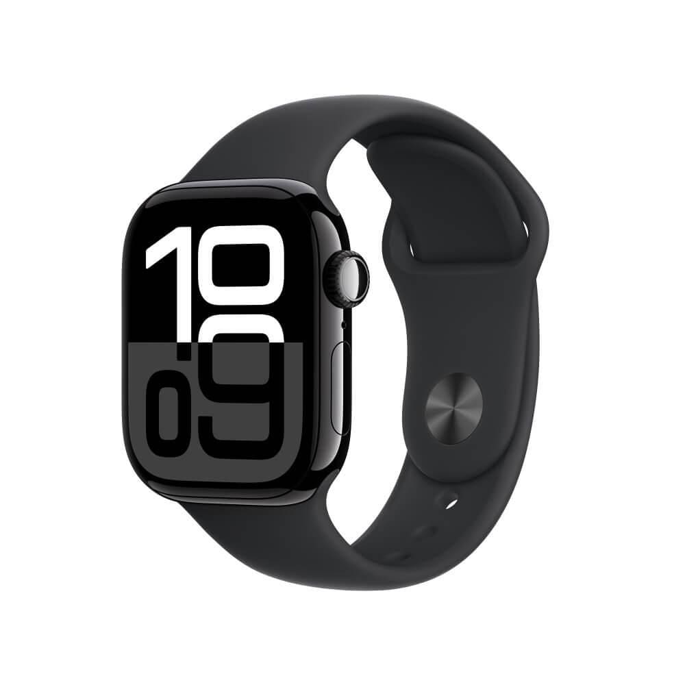 Apple Watch Series 10 GPS + Cellular • Caixa preta brilhante de alumínio – 42 mm • Pulseira esportiva preta – M/G