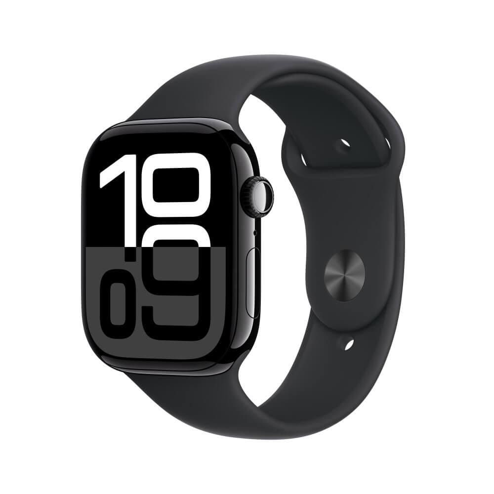 Apple Watch Series 10 GPS + Cellular • Caixa preta brilhante de alumínio – 46 mm • Pulseira esportiva preta – P/M