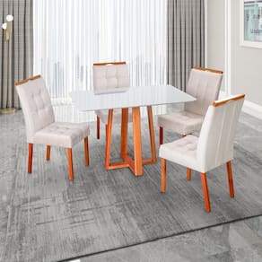 Conjunto Mesa Itália com 4 Cadeiras de Madeira Maciça e Estofada Sophia Authentic Espresso Móveis Champagnhe/Off White/Marfim