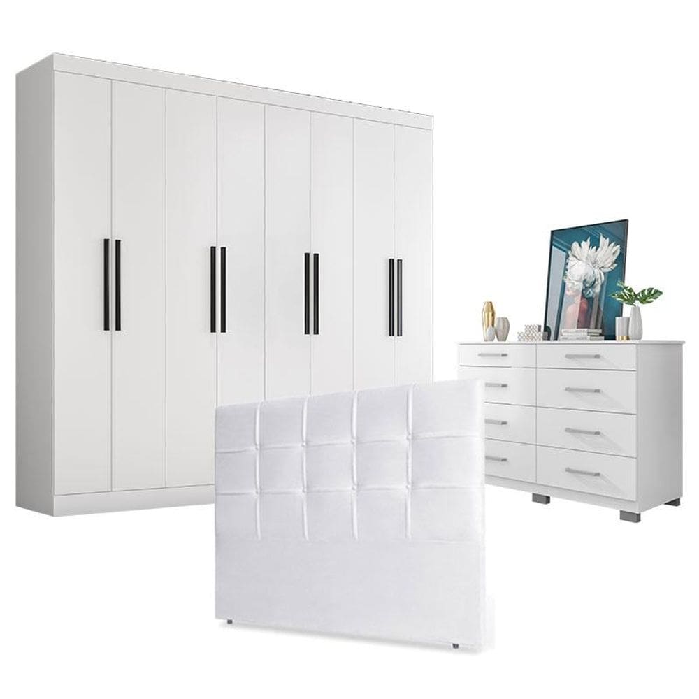 Guarda Roupa Casal Prime 1684 com Cômoda 8050 e Cabeceira Luiza 140cm Branco - Araplac