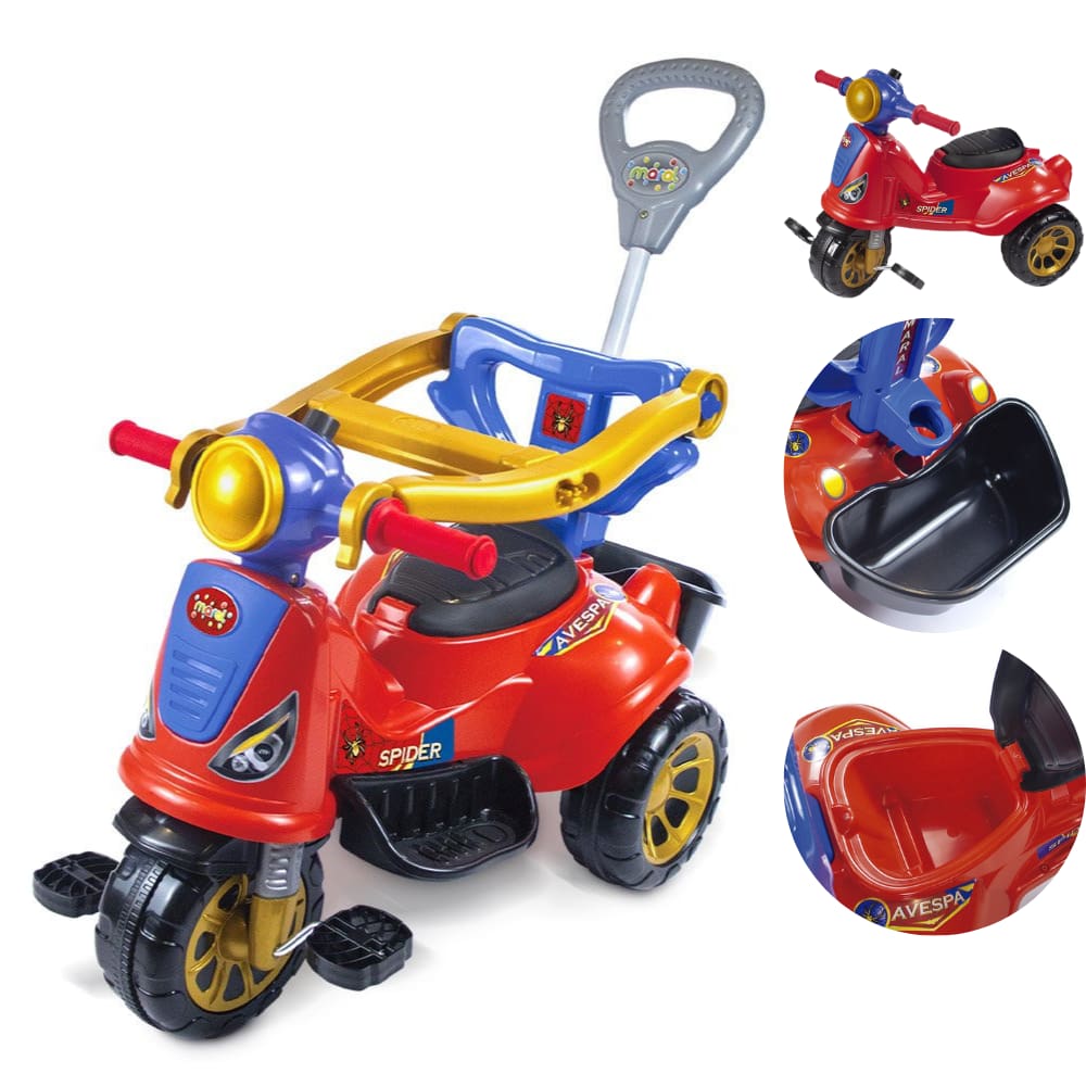 Carrinho Triciclo Infantil De Passeio E Pedal Motoca Andador Empurrador Menino Avespa Spider