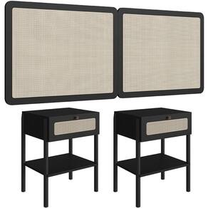 Cabeceira Casal Queen 160cm E 2 Mesas Laterais 1 Gaveta Madeira Moss A03 Nero Preto