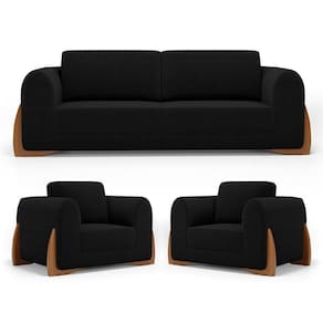 Kit 02 Poltronas E 01 Sofá Bloom 160cm 02 Lugares Com Pés De Madeira Bouclê Preto - Desk Design
