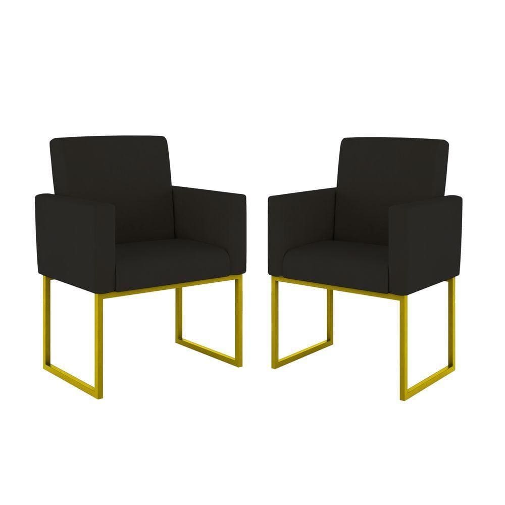 Kit 02 Cadeiras Poltronas Sala Quarto Base De Ferro Dourada Preto