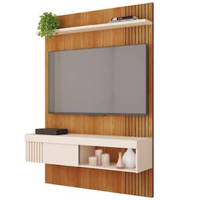 Painel Ripado Para Tv Até 45 Polegadas Com Prateleira E Nicho Manu Madeirado/off White Caemmun Freijo Off