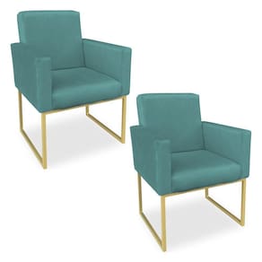 Kit 02 Poltronas Clarice Veludo Base Metálica Industrial Dourado - Pallazio Azul Turquesa