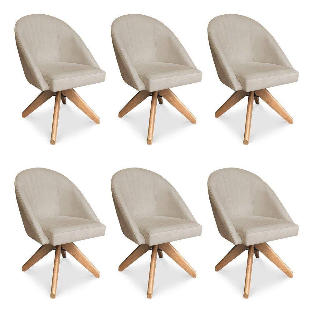 Kit 06 Poltronas Cadeira Giratória Bela Suede Bege Base De Madeira - Pallazio
