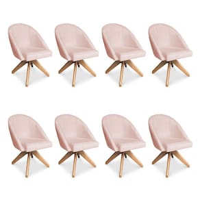 Kit 08 Poltronas Cadeira Giratória Bela Suede Rosa Bebê Base De Madeira - Pallazio